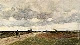 Figures On A Country Road, A Church In The Distance by Jan Hendrik Weissenbruch